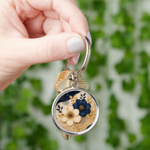 Porte-clés Élégant motif floral botanique bleu marine et or