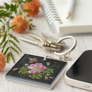 Porte-clés Élégant Motif floral broderie Arrière - plan noir