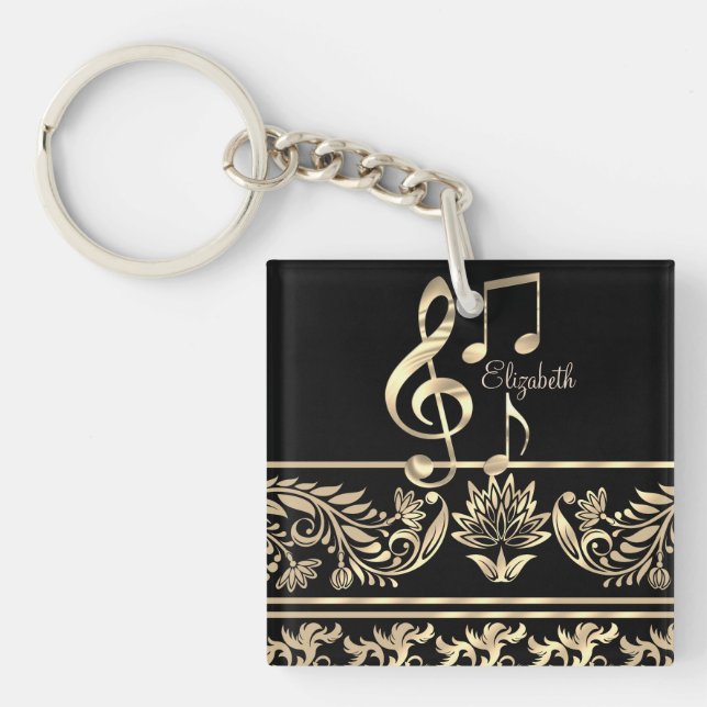 Porte-clés Élégant or floral, Clé de violon, Note (Devant)