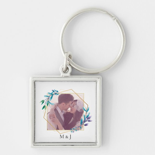 Porte-clés Elégant Or moderne géométrique et photo feuille (Devant)
