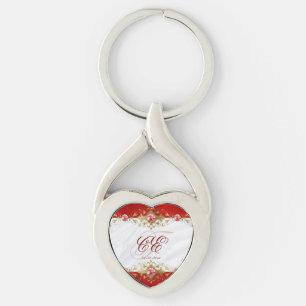 Porte-clés Élégant or rouge blanc Mariage Monogramme