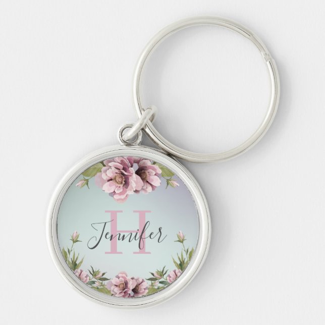 Porte-clés Élégant pivoines florales et monogramme personnali (Devant)