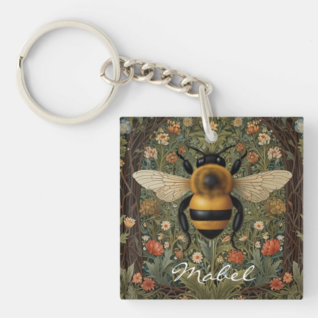 Porte-clés Elégant rétro bumblebee boho botanique floral art (Devant)