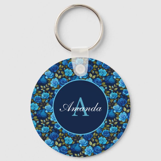 Porte-clés Élégant Rose bleu motif floral Monogramme photo (Recto)