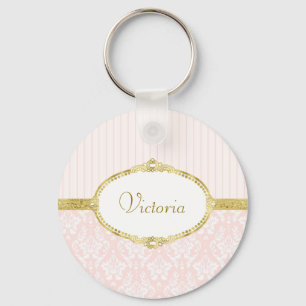 Porte-clés Elégant rose Damask Vintage Gold Frame et nom