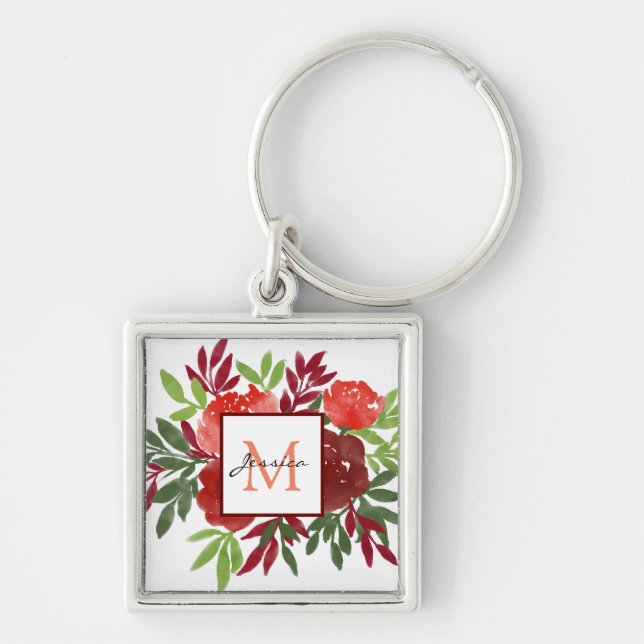 Porte-clés Elégant rouge Aquarelle Fleurs Joli Monogramme (Devant)