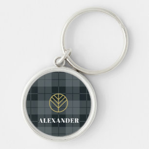 Porte-clés Élégant Tartan à Carreaux Monogramme Or Noir