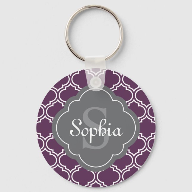 Porte-clés Élégant Trellis violet gris Monogramme (Recto)
