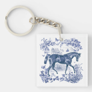 Porte-clés Elégant Vintage Rustic Blue Horse Country Toile