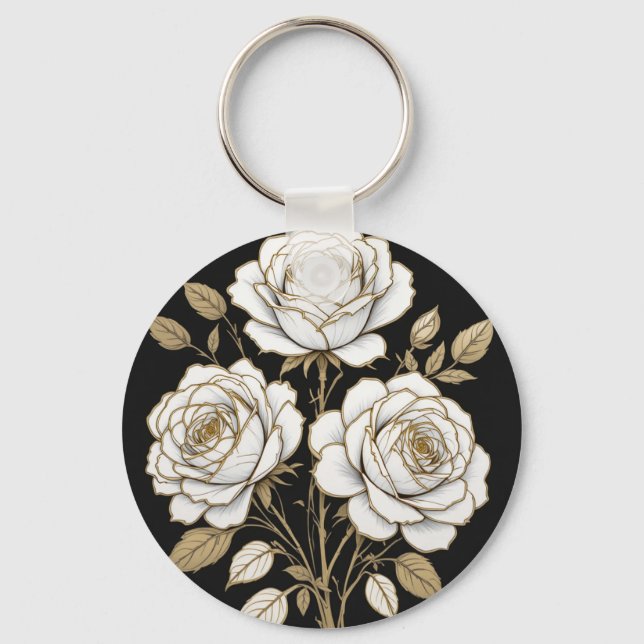 Porte-clés Elegant White & Gold Floral Rose Keychain – Luxury (Recto)