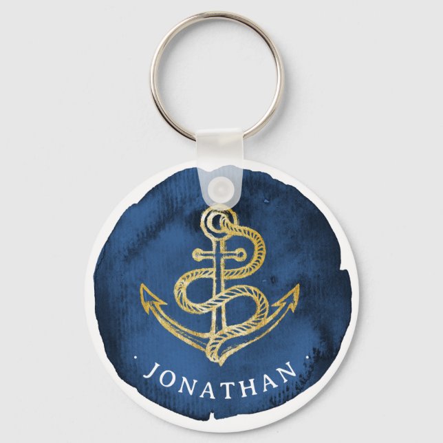 Porte-clés Elégante Ancre aquarelle Nom nautique Marine Bleu (Recto)