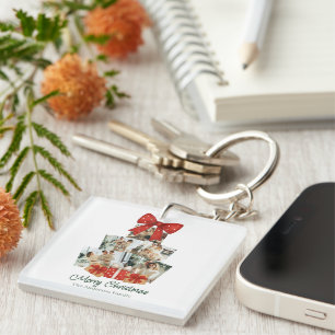 Porte-clés Elégante aquarelle Bow rouge famille sapin de Noël
