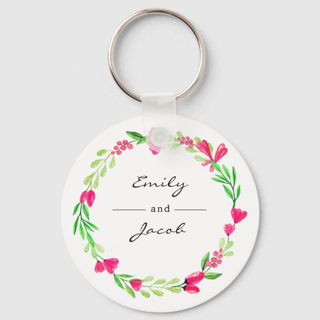 Porte-clés Élégante couronne de fleurs rose blanc Nom du coup (Recto)