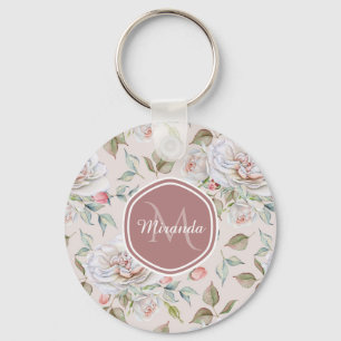 Porte-clés Élégante crème Rose Floral Monogramme et nom