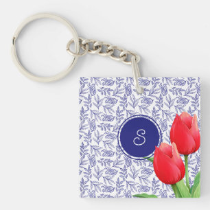 Porte-clés Élégantes Tulipes Rouges Printemps Floral Blue Mon