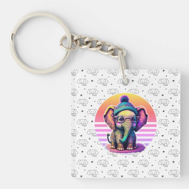 Porte-clés Eléphant bébé mignon avec lunettes et Beanie (Devant)