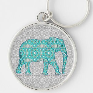 Porte-clés Eléphant fleur Mandala - turquoise, gris & blanc