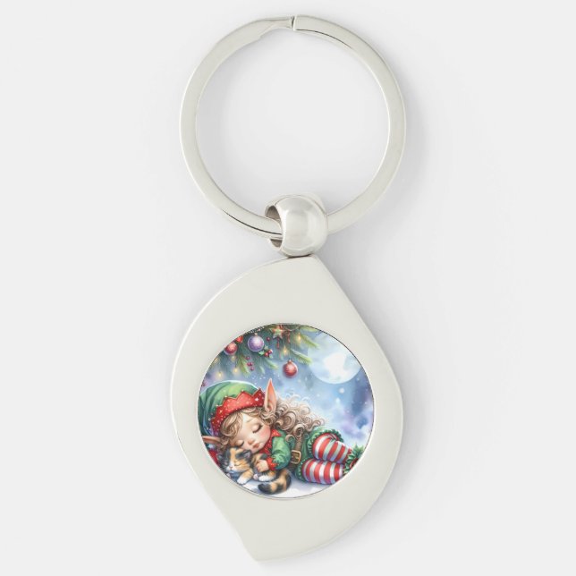 Porte-clés Elfe de Noël couché avec Calico Kitten (Devant)