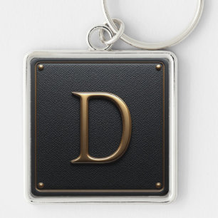 Porte-clés 🔑 Emblème encadré D en cuir noir et or 🟡
