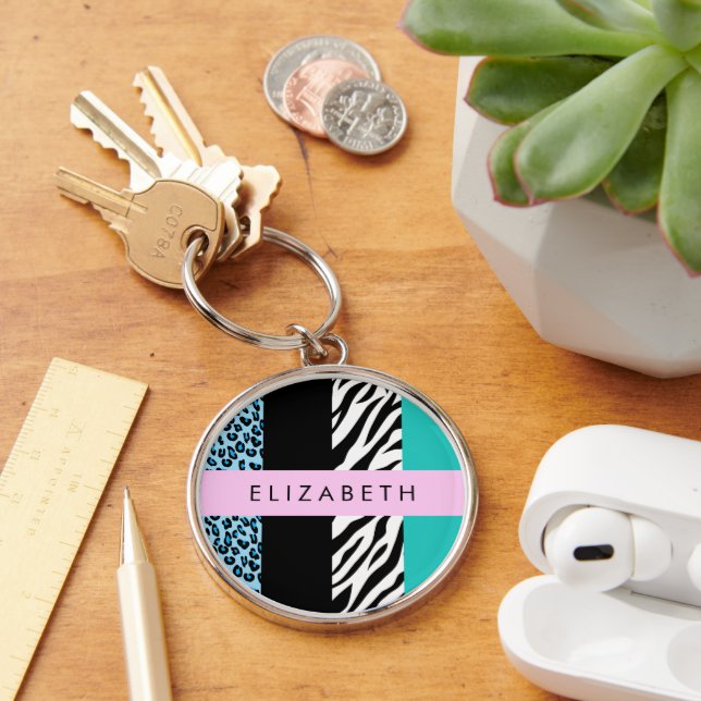 Porte-clés Empreinte de léopard, Zebra Print, Bleu, Votre nom (Bureau)