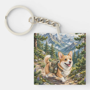 Porte-clés en acrylique aquarelle Corgi randonnée