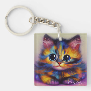 Porte-clés en acrylique Chaton Tortie Arc-en-ciel