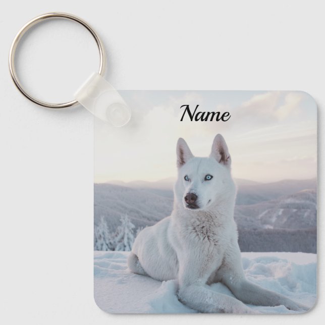 Porte-clés Enchanter White Husky Dog dans la neige (Recto)