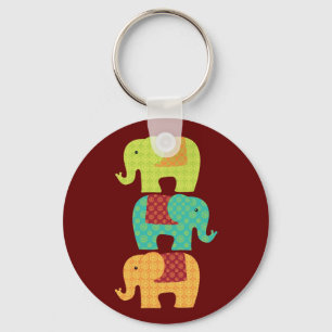Porte-clés Ethnic Elephants with Flowers on Maroon Red