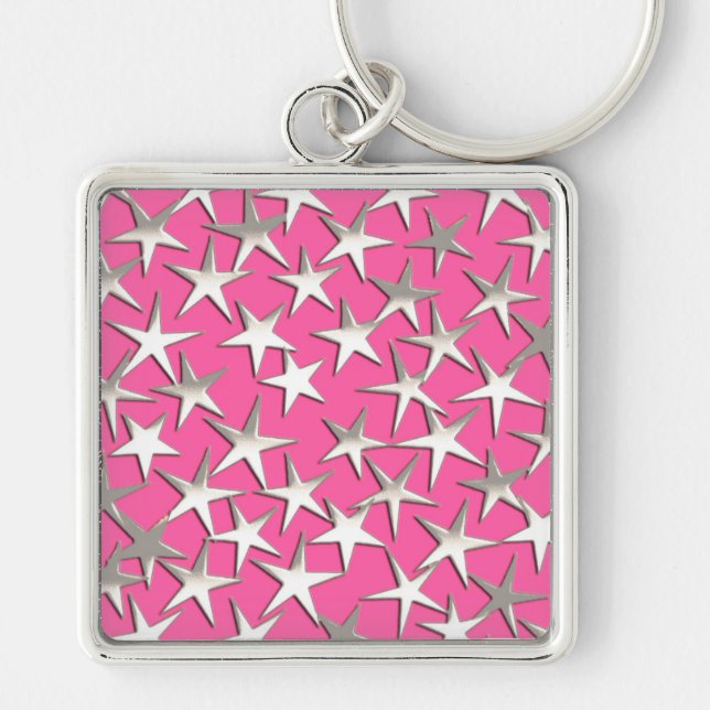 Porte-clés Étoiles argentées sur fond rose fuchsia (Devant)