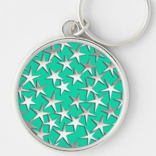 Porte-clés Étoiles argentées sur turquoise