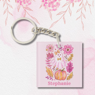 Porte-clés Fantôme de Halloween rose pastel avec nom personna