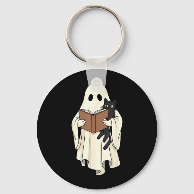 Porte-clés Fantôme et chat noir lisant Halloween (Recto)