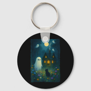 Porte-clés Fantôme Floral Vintage Chat Noir Halloween Fantôme
