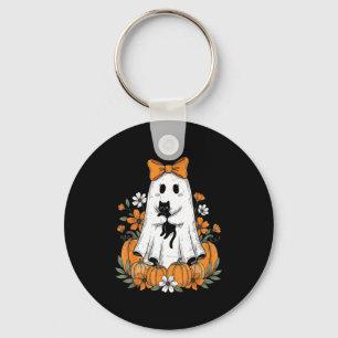 Porte-clés Fantôme mignon rétro Halloween tenant une flore de