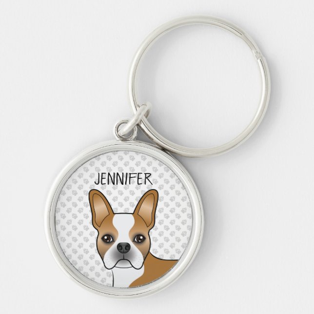 Porte-clés Faune Et Blanc Boston Terrier Cartoon Chien & Nom (Devant)