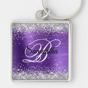 Porte-clés Faux brillant argenté paillettes améthyste feuille