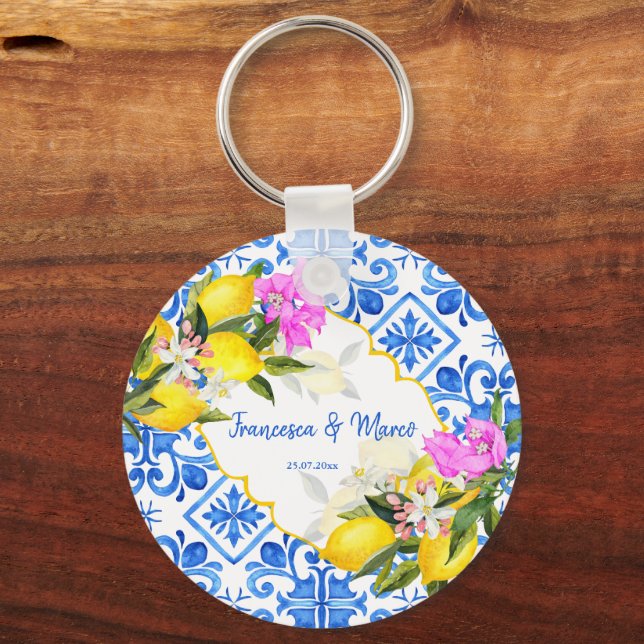 Porte-clés Faveurs mariage Carreaux bleus citron Bougainville (Recto)