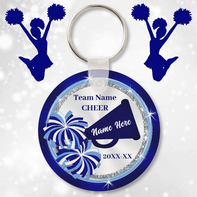 Porte-clés Favoris de la fête, mégaphone et pooms (Cheap cheerleading gifts. Cheer squad party ideas. Blue and White, Cheerleading party favors. )
