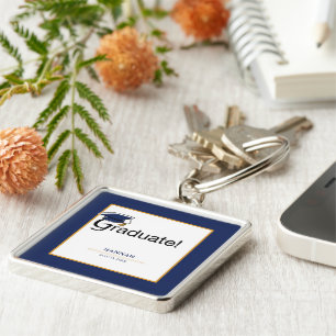 Porte-clés Félicitations Diplômé, Casquette, Tassel, Bleu, Or
