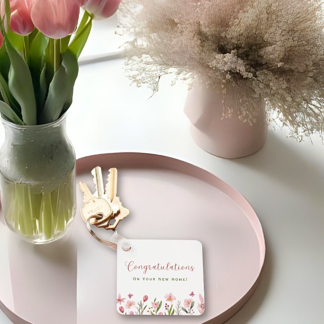 Porte-clés Félicitations Realtor Fleurs roses personnalisées (Créateur téléchargé)