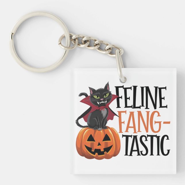 Porte-clés Feline Fang-tastic Halloween Conception de chat Va (Devant)