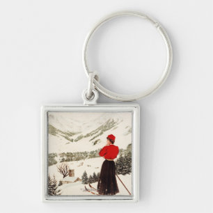 Porte-clés Femme Skier Surplombant Adelboden Poster