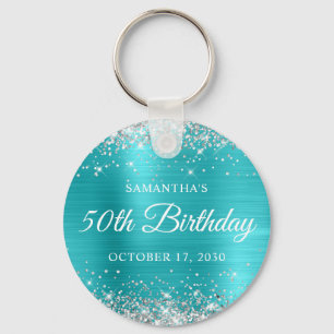 Porte-clés Fête des 50 ans Turquoise Bleu Paillettes Argentée