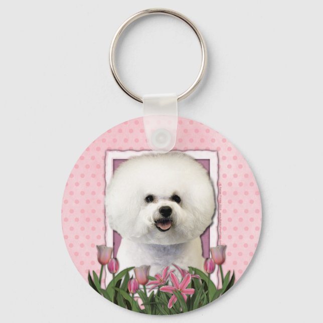 Porte-clés Fête des mères - Tulipes roses - Bichon Frise (Recto)