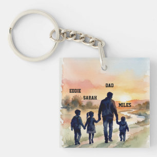 Porte-clés Fête des Pères Aquarelle Famille Coucher de soleil