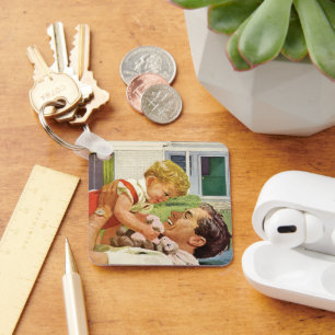 Porte-clés Fête des Pères vintage, famille heureuse en banlie