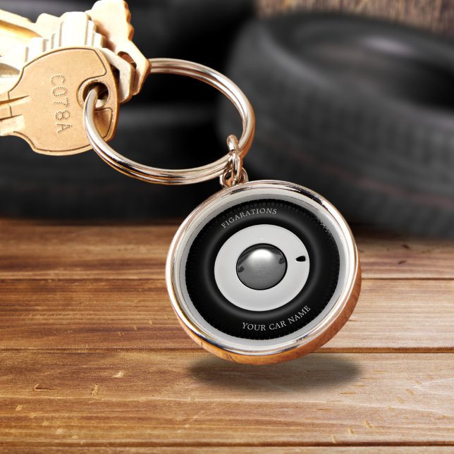 Porte-clés Figaro Nom de la voiture Roue Hubcap Argent (Fun car wheel keychain with space your name and your car's)