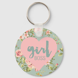 Porte-clés Fille Boss rose et bleu Motif de coeur floral