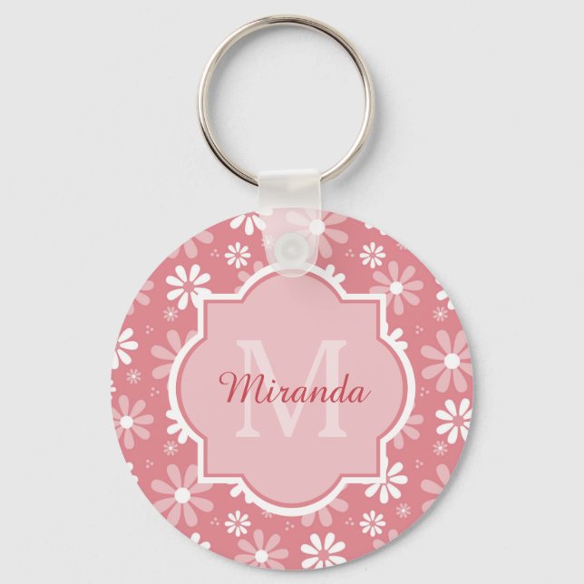 Porte-clés Fille Monogramme mignon rose Fleurs de marguerite  (Recto)