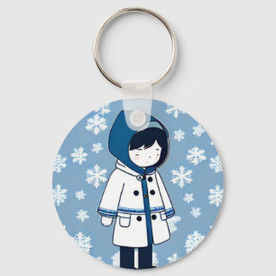 Porte-clés Fille triste flocons de neige blanc bleu répétitio